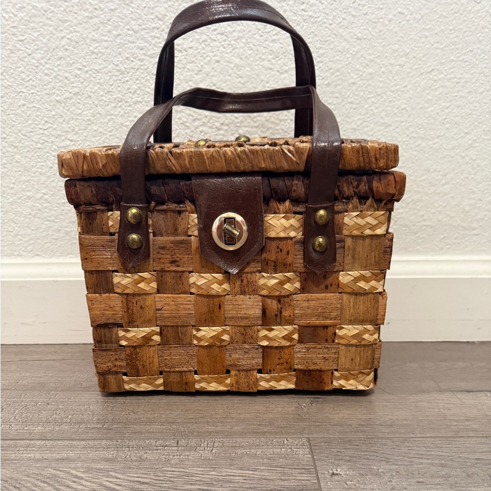 Brown Woven Basket Handbag Made in Philippines With Turn Lock